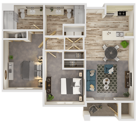 Floor plan for 2 beds, 2 baths, 936 sqft